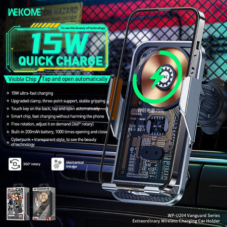 WEKOME WP-U204 Vanguard Series - Support de voiture automatique avec recharge sans fil 15W (Noir)