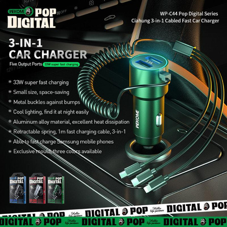 WEKOME WP-C44 Pop Digital Series - Nabíječka do auta s integrovaným kabelem 3 v 1 USB-C / Lightning / Micro USB + 2x USB-A 33W (černá)