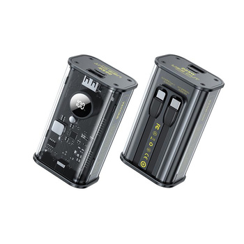 WEKOME WP-345 Vanguard sorozat - Power bank 10000 mAh gyors töltés beépített USB-C és Lightning PD 20W + QC 22.5W kábellel (fekete)