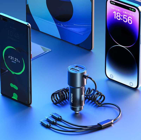 WEKOME WP-C44 Pop Digital Series - Nabíječka do auta s integrovaným kabelem 3 v 1 USB-C / Lightning / Micro USB + 2x USB-A 33W (černá)