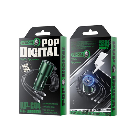 WEKOME WP-C44 Pop Digital Series - Nabíječka do auta s integrovaným kabelem 3 v 1 USB-C / Lightning / Micro USB + 2x USB-A 33W (černá)
