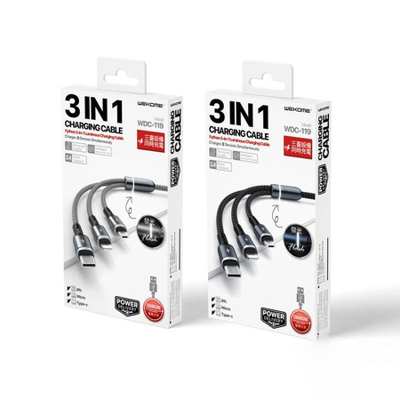 WEKOME WDC-119 Fython Series - 3-in-1 USB-A to Lightning + USB-C + Micro USB PD Connection Cable 1.2 m (Silver)