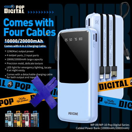 WEKOME WP-10 Pop Digital Series - Power bank 20000 mAh with built-in USB-C / Lightning / Micro USB / USB-A cable (Yellow)