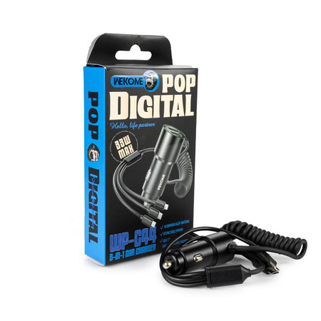 WEKOME WP-C44 Pop Digital Series - Car charger with built-in 3-in-1 USB-C / Lightning / Micro USB + 2x USB-A 33W cable (Black)