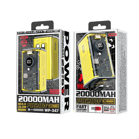 WEKOME WP-347 Vanguard Series - Power bank 20000 mAh Super Fast Charging with built-in USB-C PD 20W & Lightning + USB-A QC3.0 22.5W cable (Yellow)