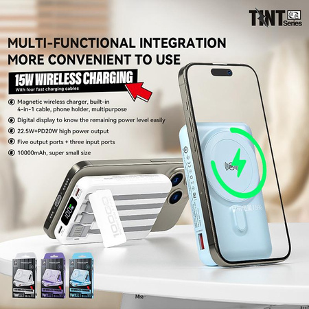 WEKOME WP-12 Tint Series - indukční powerbanka MagSafe 10000 mAh s integrovaným kabelem USB-C / Lightning / Micro USB / USB-A (bílá)