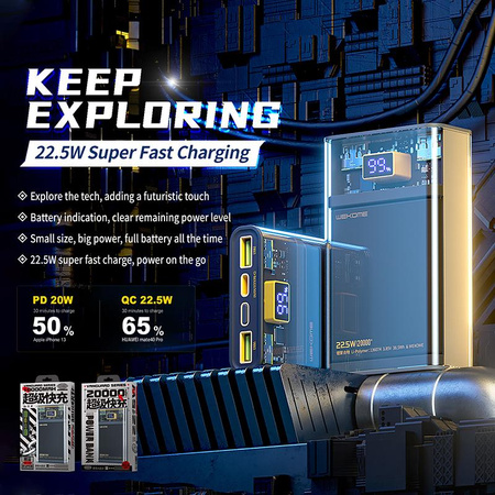 WEKOME WP-319 Vanguard Series - Banque d'énergie 10000 mAh Super Charging PD 20W + QC 22.5W (Noir / Transparent)