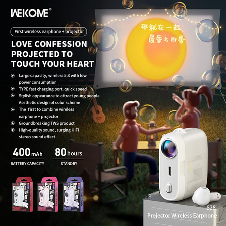 WEKOME S28 Pop Digital Series - V5.3 TWS Wireless Bluetooth Headphones with Projector Charging Case (White)