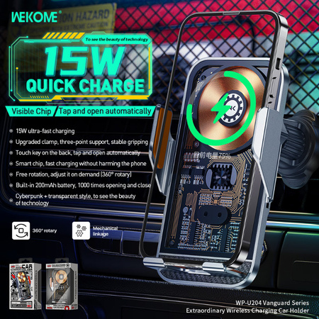 WEKOME WP-U204 Vanguard Series - Support de voiture automatique avec recharge sans fil 15W (Noir)