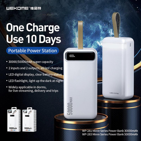 WEKOME WP-283 Minre Series - Banque d'énergie 50000 mAh Chargement rapide 2x USB-A 10W + torche LED (Blanc)