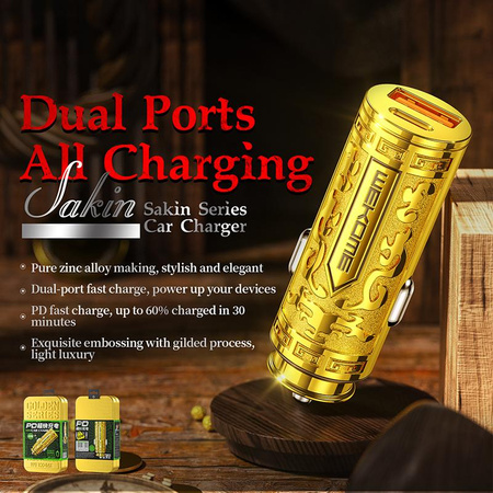 WEKOME WP-C37 Sakin sorozat - USB-C és USB-A gyors töltő PD 20W-os autós töltő (arany)