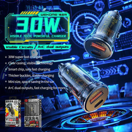 WEKOME WP-C41 Vanguard Series - USB-C & USB-A Fast Charging 30W Car Charger (Black / Transparent)