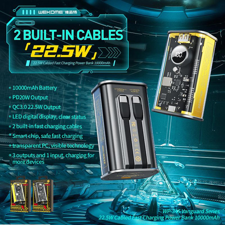 WEKOME WP-345 Vanguard Series - Power banka 10000 mAh s rychlým nabíjením a integrovaným kabelem USB-C a Lightning PD 20W + QC 22,5W (černá)