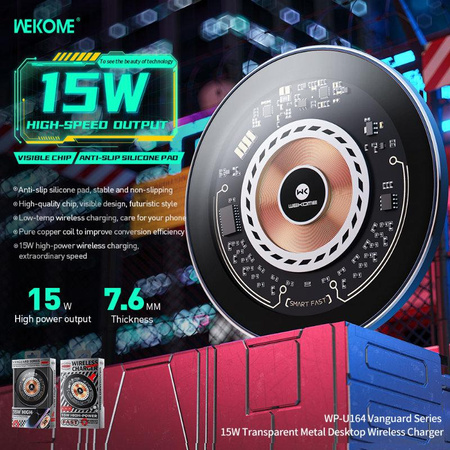 WEKOME WP-U164 Vanguard sorozat - 15W Qi vezeték nélküli induktív töltő (fekete)