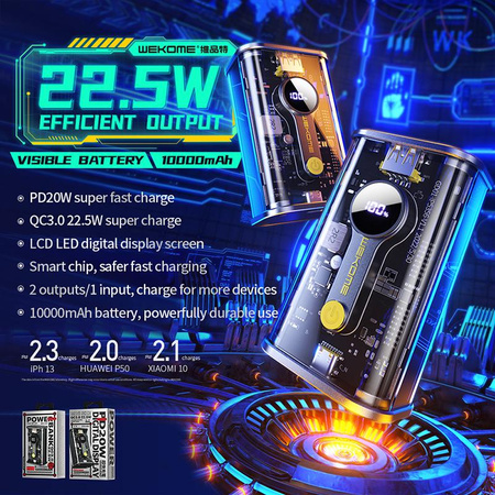 WEKOME WP-333 Vanguard Series - Power banka 10000 mAh Super nabíjení PD 20W + QC 22,5W (černá / průhledná)