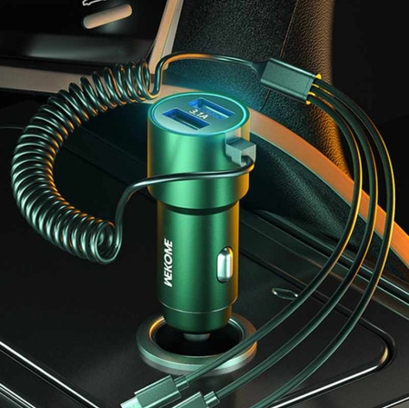 WEKOME WP-C44 Pop Digital Series - Car charger with built-in 3-in-1 USB-C / Lightning / Micro USB + 2x USB-A 33W cable (Black)